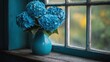 © SRI - Blue hydrangea in teal vase by window
