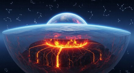 Wall Mural - unveiling a planet's molten heart - a celestial body's transparent crust reveals a fiery core, symbo