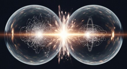 Wall Mural - interconnected bubble universes: a cosmic dance - two translucent bubble universes interact, symboli