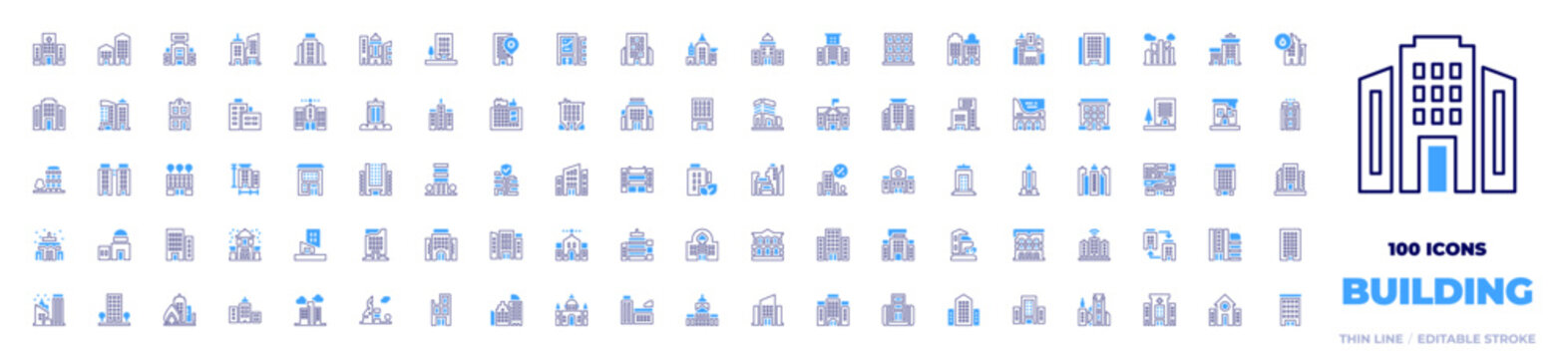 100 Building Icons Collection. Bold line style. Duotone colors. city, company, building, office, buildings, business, school, smart city, office building, measure