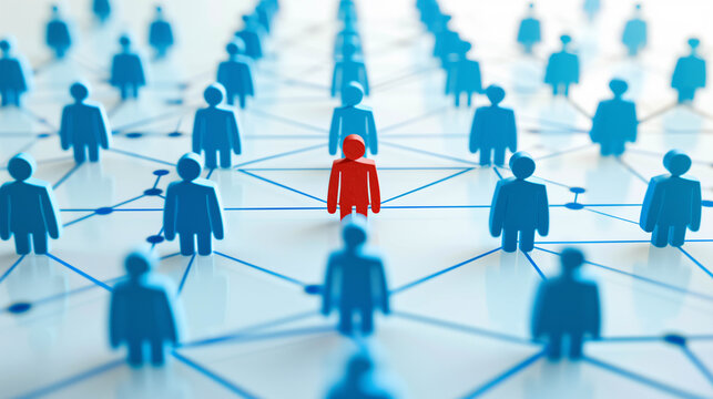 Red human icon standing out in network of blue figures representing individuality and leadership