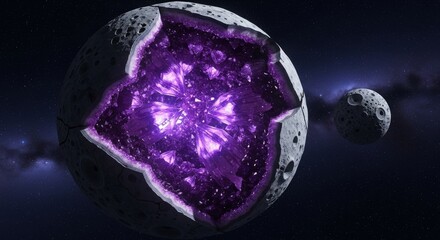 Wall Mural - amethyst planet in space - a stunning cosmic scene featuring a planet filled with a giant amethyst g