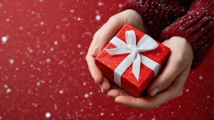 Wall Mural - hands holding a small red gift box with a white ribbon, set against a festive red background with fa