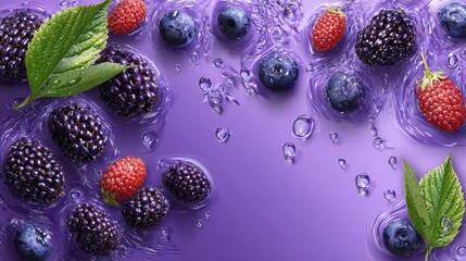 Wall Mural - Fresh berries and green leaves float on vibrant purple water, creating a colorful and refreshing scene.
