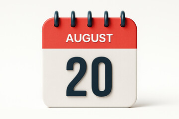 Poster - Calendar Icon Illustrating August 20th Date Reminder with Red Top and White Bottom on Clean White Background in 3D Rendering