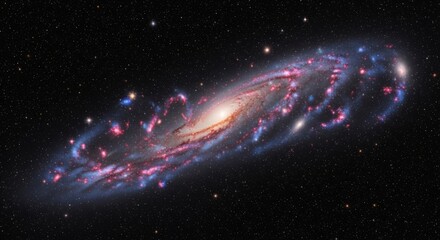 Wall Mural - Majestic Spiral Galaxy in Deep Space - A stunning image of a spiral galaxy with vibrant pink and blue hues against a dark background of stars.