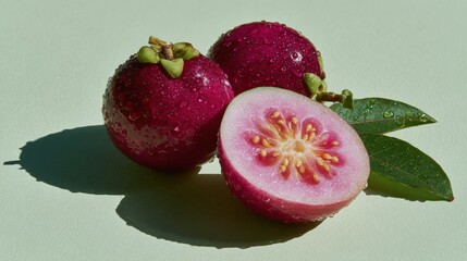 Wall Mural - Fresh purple guavas with water droplets, one cut open to reveal the pink interior, placed on a light green surface with green leaves.