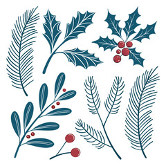 Poster - A collection of elegant christmas botanical illustrations featuring holly berries evergreen branches and festive elements on a white background.
