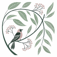 Poster - Elegant botanical illustration of a bird perched on a branch adorned with leaves and berries with a clean minimalist style