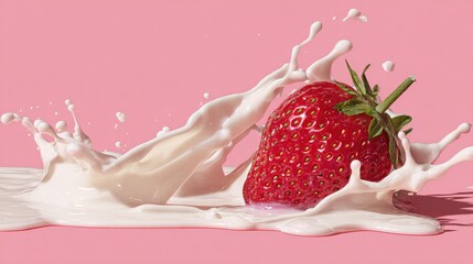 Wall Mural - A fresh strawberry splashes into creamy milk against a pink background, creating a dynamic and vibrant scene.