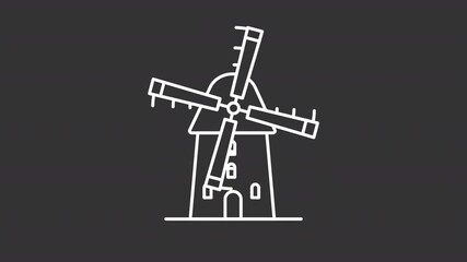 Poster - Animated windmill with rotating propeller white line icon. Machine operated by the force of wind animation. Mill grain, pump water. Isolated element on dark background. Alpha transparent video