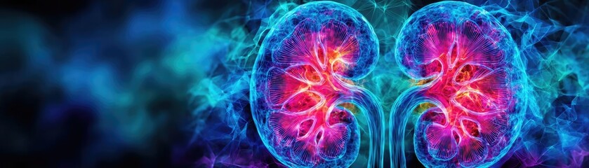 Poster - Renal flow in process concept. Colorful artistic representation of human kidneys and anatomy.