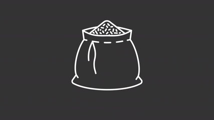 Poster - Animated barley in sack white line icon. Bag with cereal grains pile animation. Agricultural culture crop. Food production industry. Isolated element on dark background. Alpha transparent video