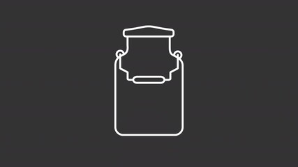 Poster - Animated vintage milk can white line icon. Old fashioned container for dairy products transportation animation. Agricultural product. Isolated element on dark background. Alpha transparent video