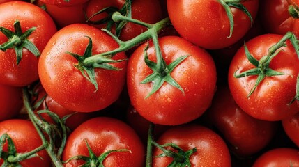 Wall Mural - Fresh ripe tomatoes with green stems covered in water droplets, showcasing vibrant red color and natural texture.