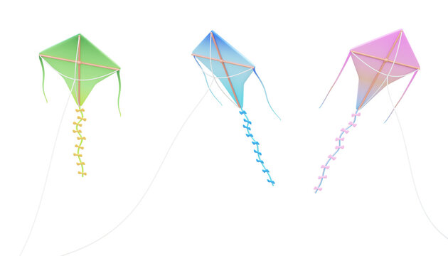 Set of gradient color Three kite icon on isolated background. play outdoor activity freedom enjoy object flight high in sky air summer holiday. 3d rendering illustration element