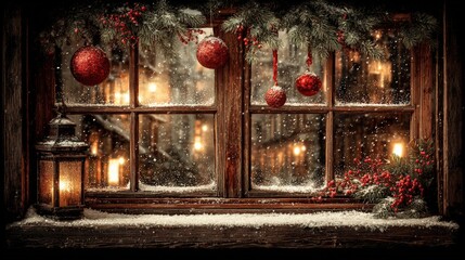 Wall Mural - A cozy winter scene with a snow-covered window adorned with red ornaments, pine branches, and a lantern, glowing warmly amidst falling snow.