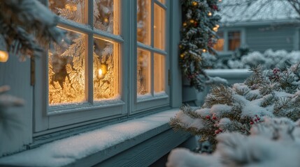 Wall Mural - warm light glows through a frosty window, with snow-covered pine branches and christmas decorations 