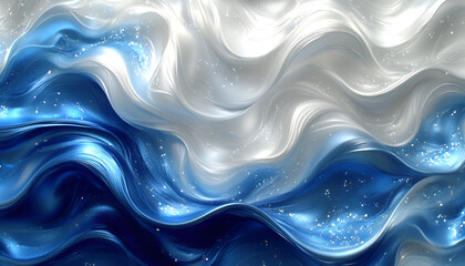 Fototapete - Abstract digital painting featuring flowing, wavy patterns in shades of blue and white with shimmering highlights, creating a dynamic and ethereal effect.