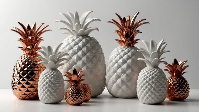 Home decor and accents. White ceramic pineapple set with copper leaves. Home decorative accessories. Isolated interior object. 3d rendering