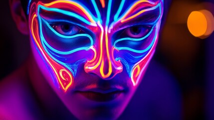Wall Mural - a vibrant mask illuminated with neon colors captures the essence of creativity. this image represent