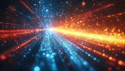Poster - Abstract image featuring converging lines of blue and orange light particles emanating from a central bright point, creating a sense of speed and movement.