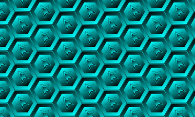 Fototapete - Abstract gradient pattern with teal-cyan color for texture, infographic, media, seminar – Seamless 3D hexagonal shape pattern design with star – Futuristic design with geometric shape

