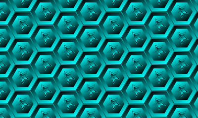 Fototapete - Seamless 3d hexagonal shape pattern design with star- Abstract gradient pattern with teal color for texture, infographic, media, seminar- Futuristic design with geometric shape