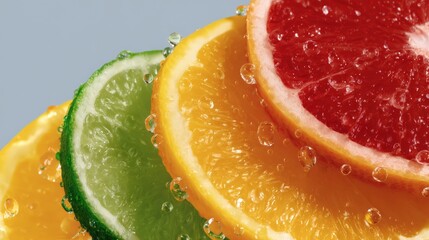 Wall Mural - Close-up of fresh citrus slices stacked together with water droplets, showcasing vibrant colors of grapefruit, lemon, and lime against a light background.