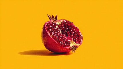 Wall Mural - A halved pomegranate with vibrant red seeds is set against a bright yellow background, highlighting its fresh and juicy texture.