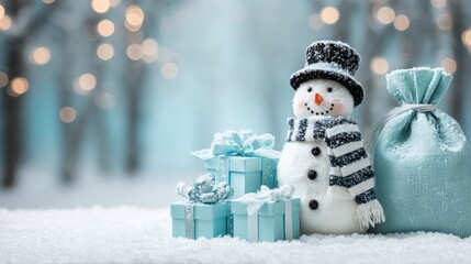 Wall Mural - festive snowman with gifts and a sack in a snowy winter scene, illuminated by soft bokeh lights, cre