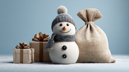 Wall Mural - cute snowman with scarf and hat, surrounded by gift boxes and a burlap sack on a snowy surface, set 