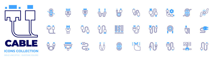 Poster - Cable icon collection. Bold line style. Duotone colors. auxiliary cable, broken cable, sound cable, hdmi cable, cable, usb cable, rope, usb, connector