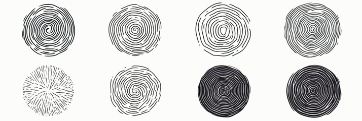 Poster - Set of eight hand drawn circular spiral and scribble line art elements with varied brush stroke textures in black and white minimalist style vector illustration
