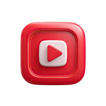 Red square icon with a white play button.  3D rendered, glossy finish