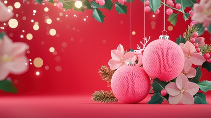 Poster - 3D mezzotint illustration of three glowing neon knitting Christmas balls arranged neatly on a vibrant red backdrop. Whimsical clean style with playful Christmas flowers and reindeer icons