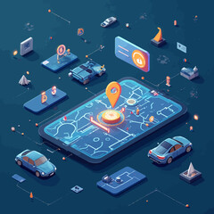 Fototapete - Isometric view of a smartphone displaying a map with location pin, surrounded by cars and interface elements.