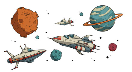 Wall Mural - vintage spaceships and planets in retro futuristic design