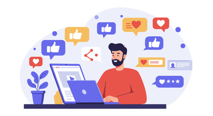 Poster - Social media engagement concept with man using laptop and interaction icons
