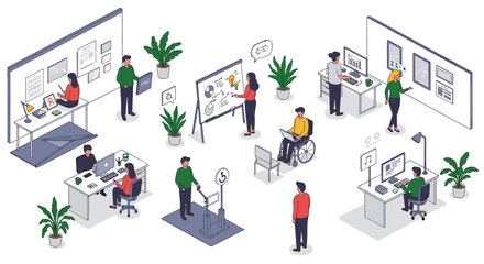 Poster - Collaborative office environment with diverse team in isometric style