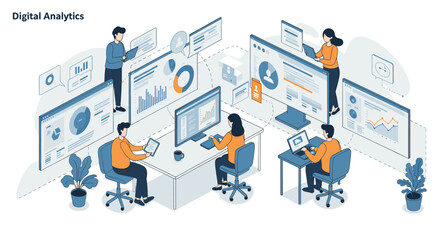 Poster - Team collaborating on digital analytics - data analysis and visualization collaboration in a modern office setting
