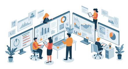 Poster - Isometric business analytics team working with data on multiple screens