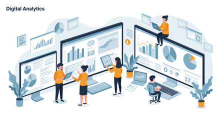 Poster - Team collaborating on data analysis with large screens in office setting
