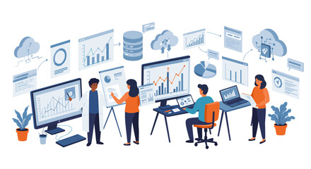 Poster - Diverse team collaborating in office with data visualization and technology