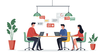Poster - Modern office team collaboration with laptops and coffee under hanging lamps