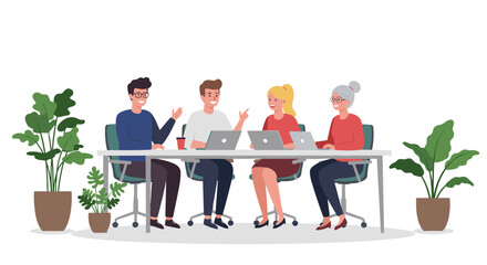 Poster - Diverse team collaborating in modern office with laptops and greenery