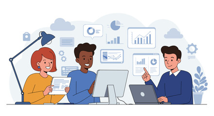 Poster - Diverse team collaborating in modern office setting with technology and analytics