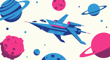 Wall Mural - retro futuristic spacecraft with vibrant planets and asteroids in a cosmic scene