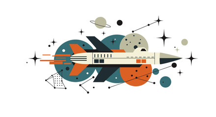 Wall Mural - retro futuristic rocket with geometric space elements in mid-century modern style