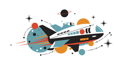 Wall Mural - retro space rocketship with planets in mid-century modern style